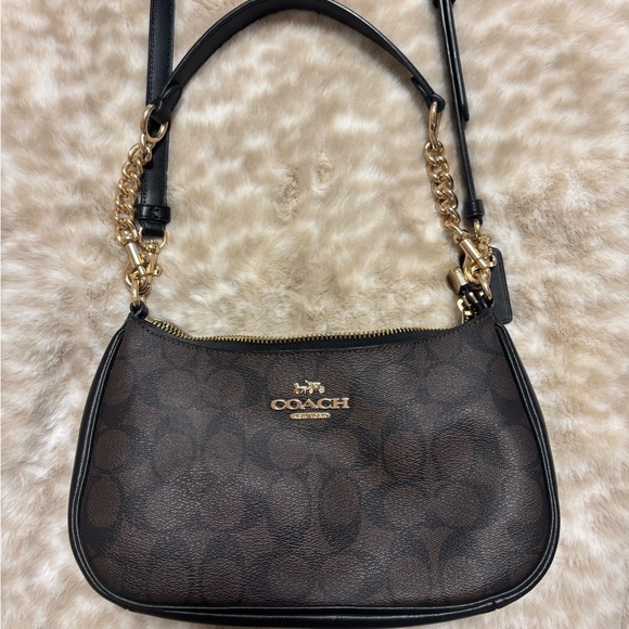 Coach Handbags - Coach Dark Brown Signature Shoulder Bag with Gold Hardware